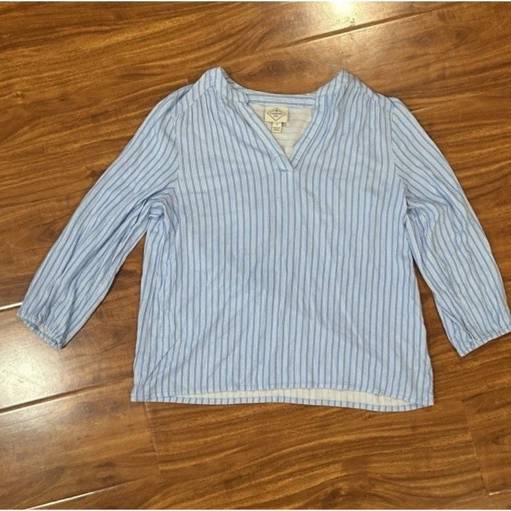 St Johns Bay Women Small S Blue‎ White Striped V Neck 3/4 Sleeve Rayon Blouse